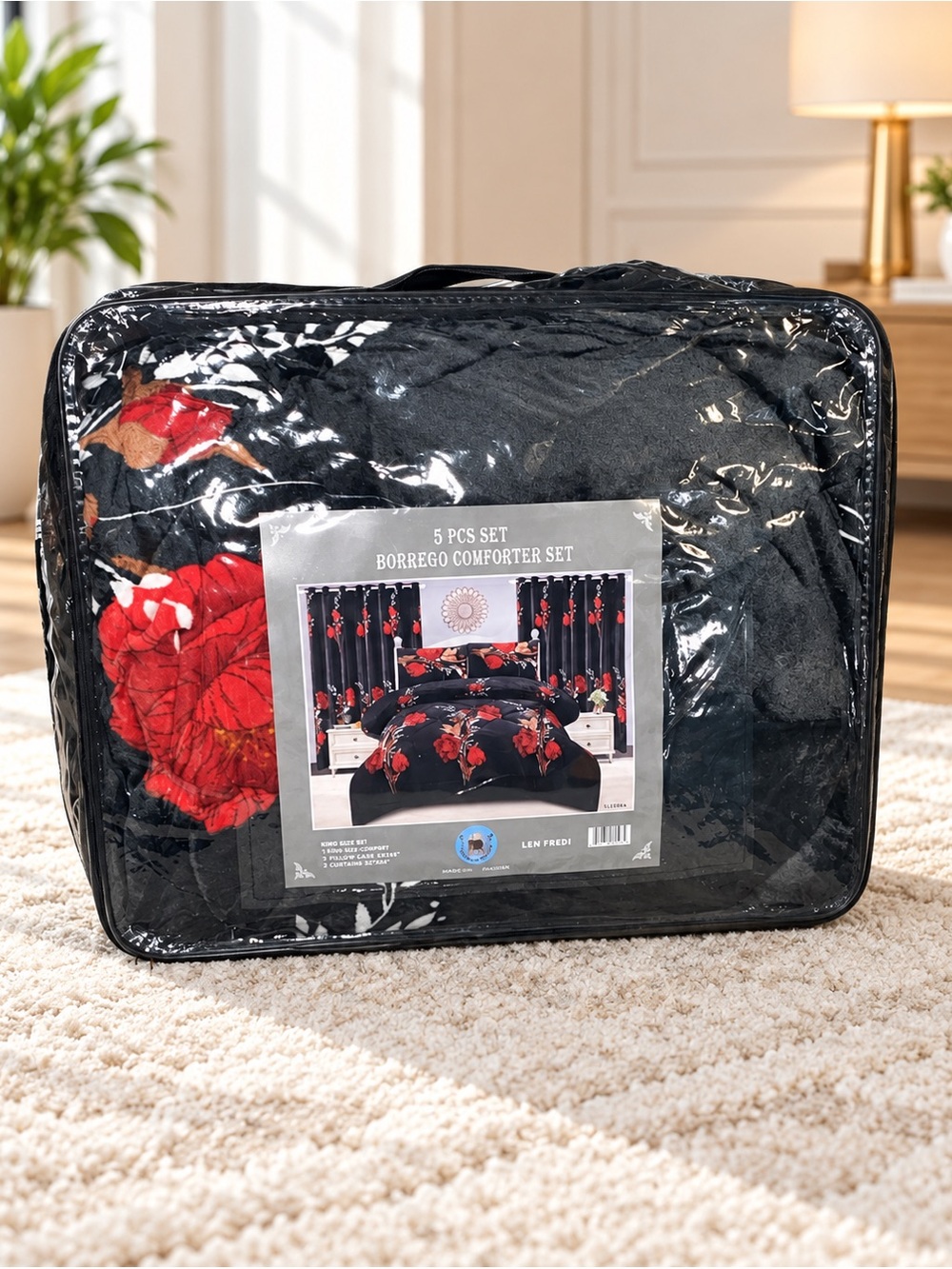 Black & Red Floral Borrego Comforter Set - 5 Piece
